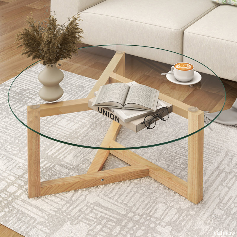 Modern Round Glass Top Coffee Cocktail Table with Sturdy Wood Base Latitude Run Color Natural